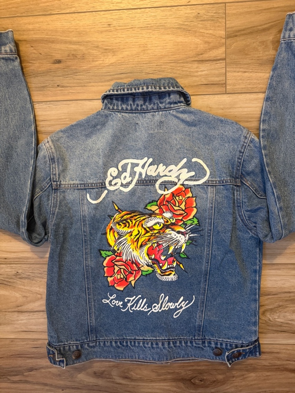 Ed Hardy Y2K Screaming Tiger Denim Jacket – Embroidered “Love Kills Slowly” L - Picture 5 of 12